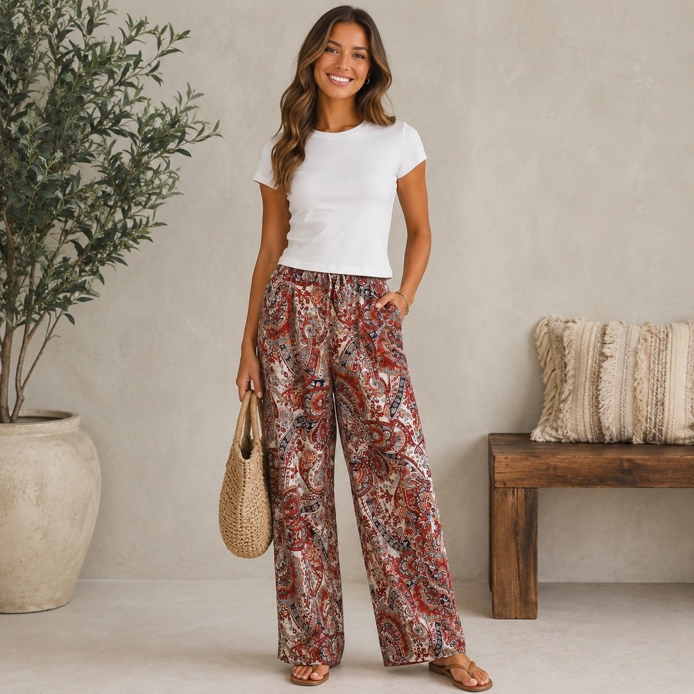 EasyGala 2 Pc Outfit XS Ivory Crop Tee Paisley Wide Leg Pants SZ S Boho Festival
